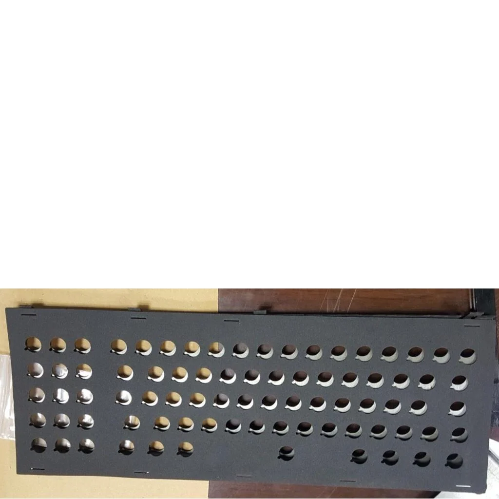 What makes up a Model F Keyboard? + Detailed production status of each part 12 The inside foam ensures even pressure of the barrels against the inner assembly, and also a way of minimizing dust and other debris entering the inner assembly. Each one is custom stamped to match the top inner assembly cutouts for the barrels, whether for the standard or HHKB style layouts.