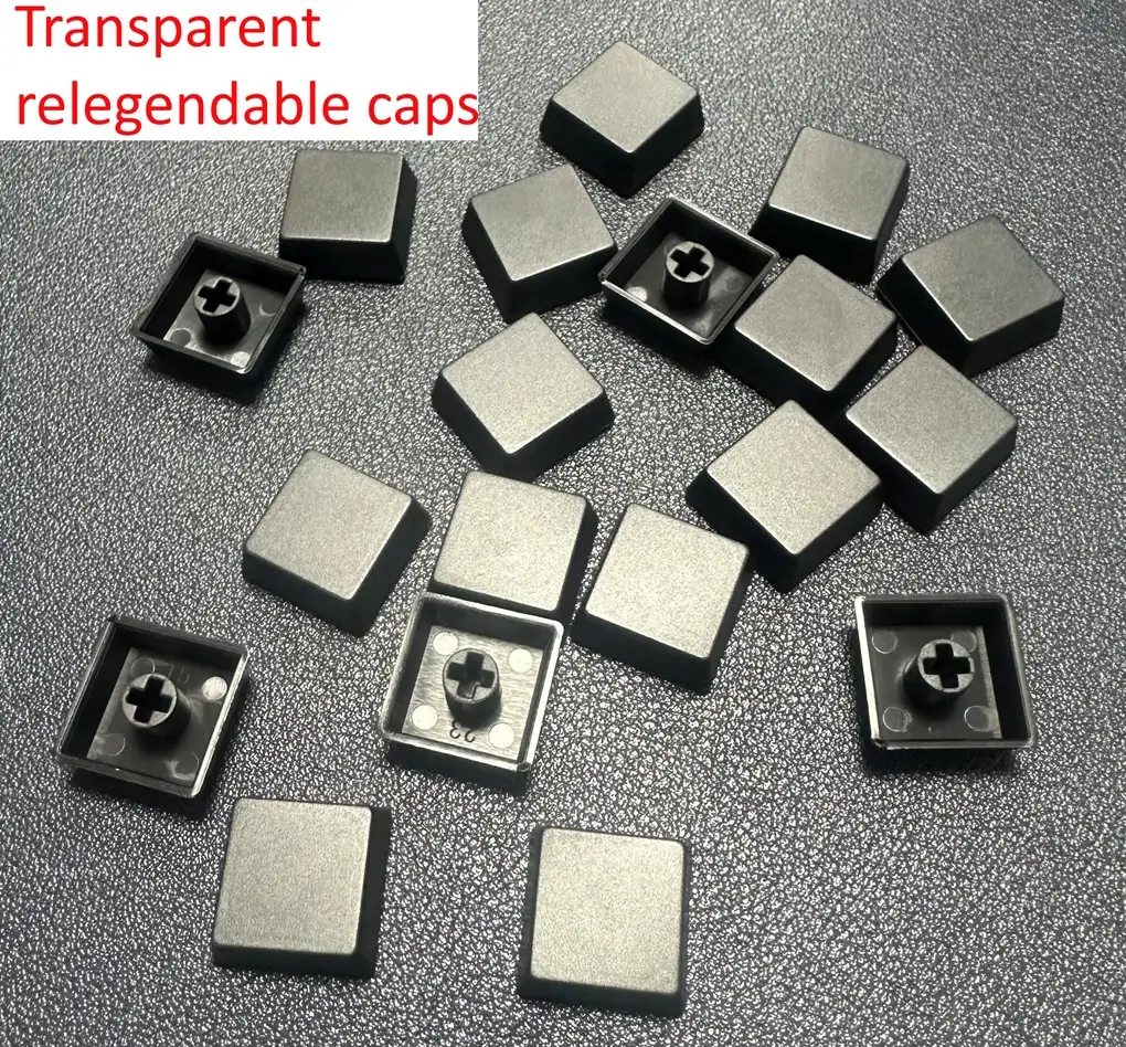 Brand New Model F Major Launch! Full size and other models! March-April 2023 Update 15 Also the transparent relegendable MX keys are now available to order on the beam spring extras page. I have ordered these keys from the factory. The actual keycap bottom pieces will all be black, not beige as pictured in the first photo below. I specified a set of 22 as the base set (10 keys on the left side + 12 keys in the top row). The regular key sets do not include extra keys to cover a B122 keyboard so I recommend ordering the relegendable keys. The keys are also available individually.