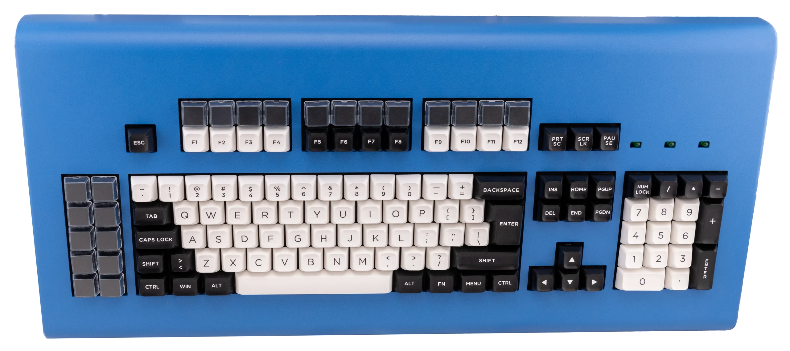 Here is one photo of each available layout. The keyboards are shown in the dark blue case color, but various colors will be available, matching the Model F case color offerings.