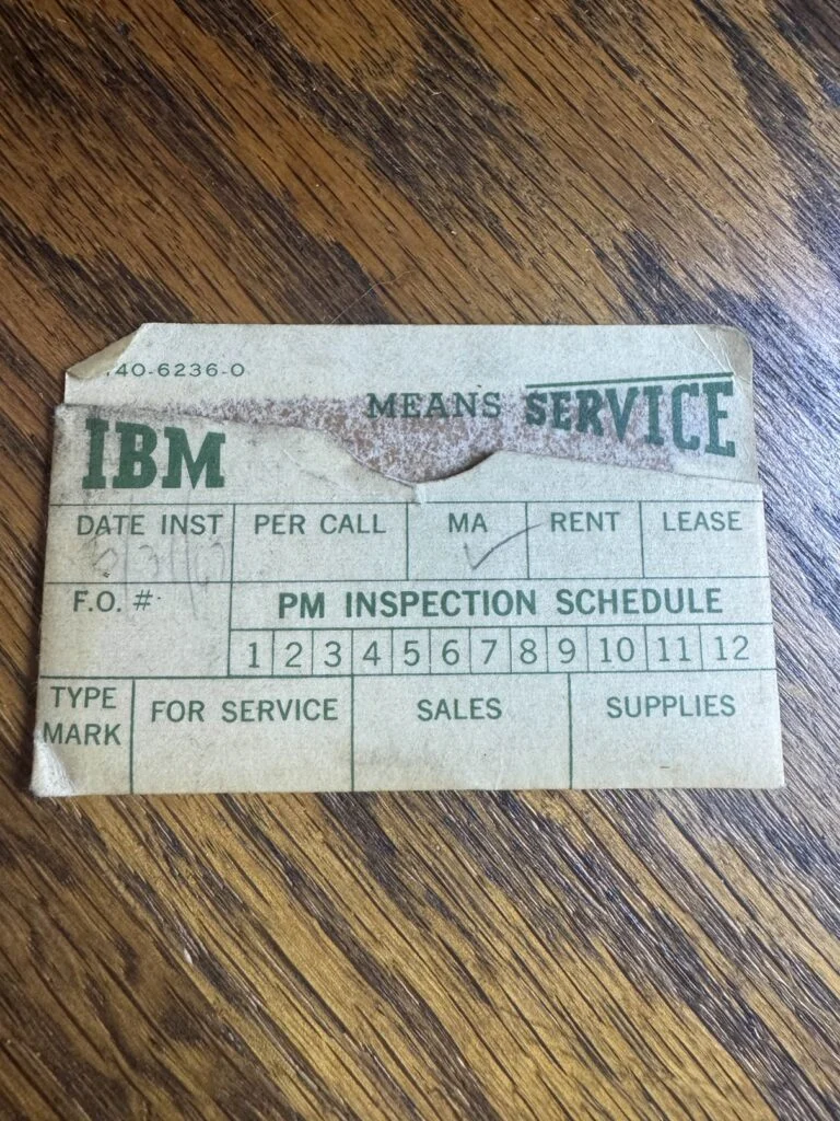 And here is a very rare IBM Selectric I typewriter repair log / service transcript. A true testament to the repairability of built to last IBM products.
