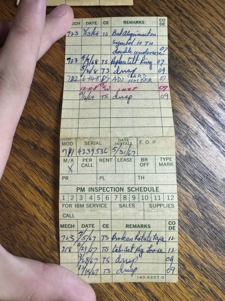 And here is a very rare IBM Selectric I typewriter repair log / service transcript. A true testament to the repairability of built to last IBM products.